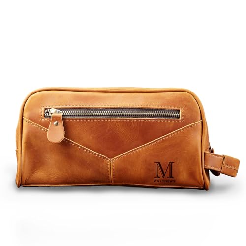 Beckham Toiletry Bag for Men - Monogrammed Multi-Pocket Saddle Bag, Brown Hanging Dopp Kit