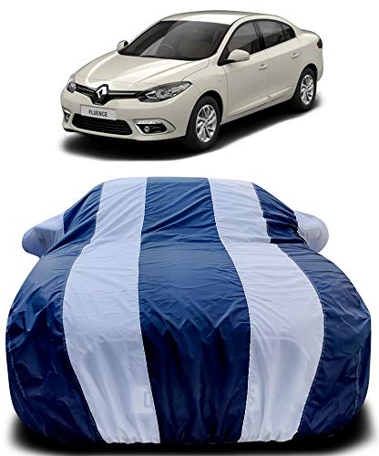 Image of PURPLEHEART Car Body Cover Compatible with Fluence with Mirror Pocket Triple Stitched Bottom Elastic Water Resistant UV Protection & Dustproof Car Cover-Blue & White