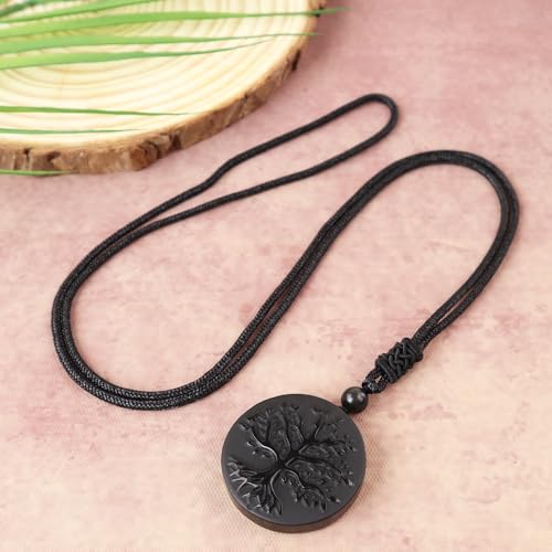 YJTSWDXY Obsidian Tree of Life Necklaces Orgonite Healing Crystal Stone Pendant Necklace for Spiritual Healing and Meditation Energy Talisman Sacred for Men Women (Black obsidian 1) by YJTSWDXY - Used condition - Image 3