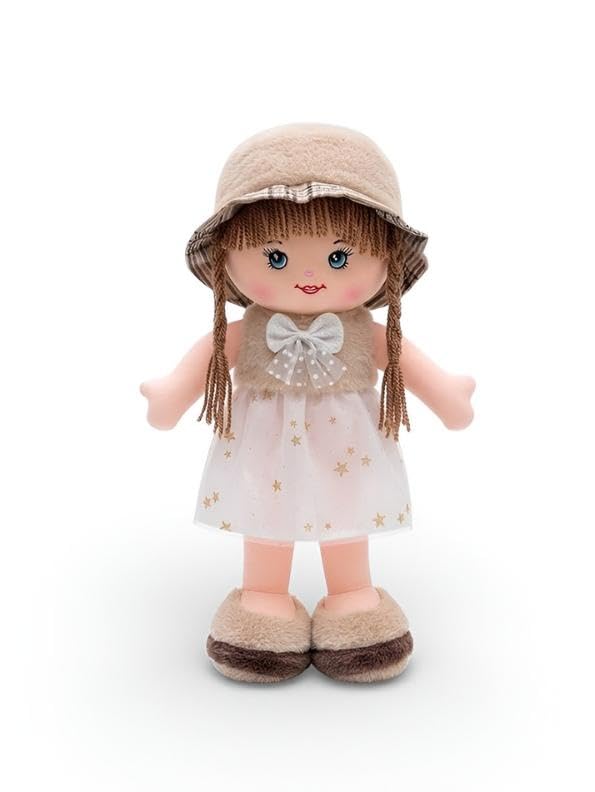 Apollo Toys Soft Doll for Girls | Rag Doll/Cloth Doll Plush Stuffed Toy (Beige Fur with White Net Dress & Hat) | Stuffed Toy Gift for Kids, 32cm-image-32