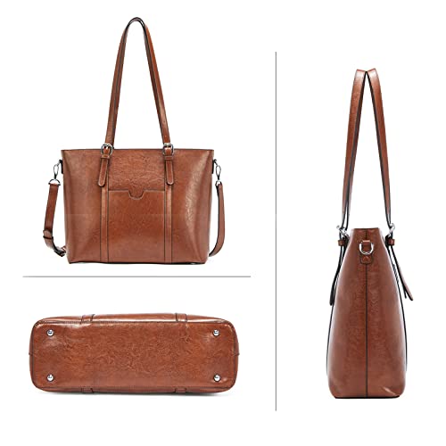 Bromen Women Briefcase 15.6 Inch Laptop Tote Bag Vintage Leather Handbags Shoulder Work Purses Oil Wax Brown #TOP2