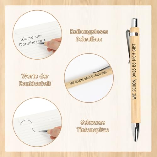 MorLuks Geschenk Freundin, Kugelschreiber mit Gravur + Holzkarte Herzform, „Wie schön, dass es Dich gibt, Dankeschön Geschenk für Geburtstag Jahrestag Hochzeit