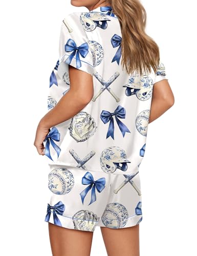 Image of SHESHOW Pajamas for Women Set Satin Button Down Short Sleeve Top and Shorts Pjs Sets Sport Ball Print Sleepwear XS-XXL