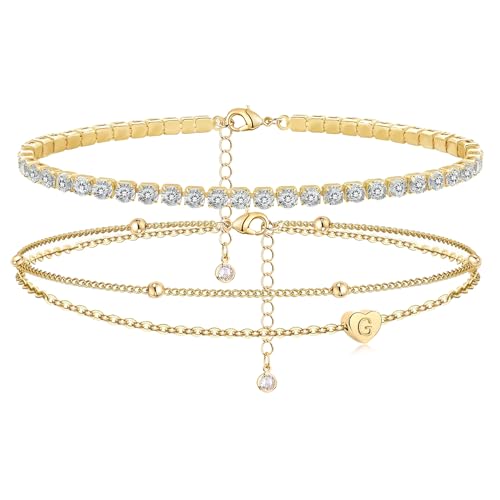 Image of Initial Ankle Bracelets for Women, Dainty Gold Layered Heart CZ Bead Anklets, 14K Gold Plated Waterproof Summer Beach Jewelry Set
