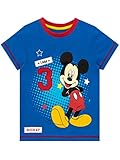 Un clásico top de manga corta azul de Disney con Mickey Mouse rodeado de estrellas con las palabras 'I Am' bordadas y el número '3' en fieltro divertido