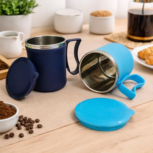 Image of Insulated Stainless Steel Coffee Mug with Lid, 300ml, Double Wall, Reusable Travel Mug for Home & Office (Navy Blue - Sky Blue)