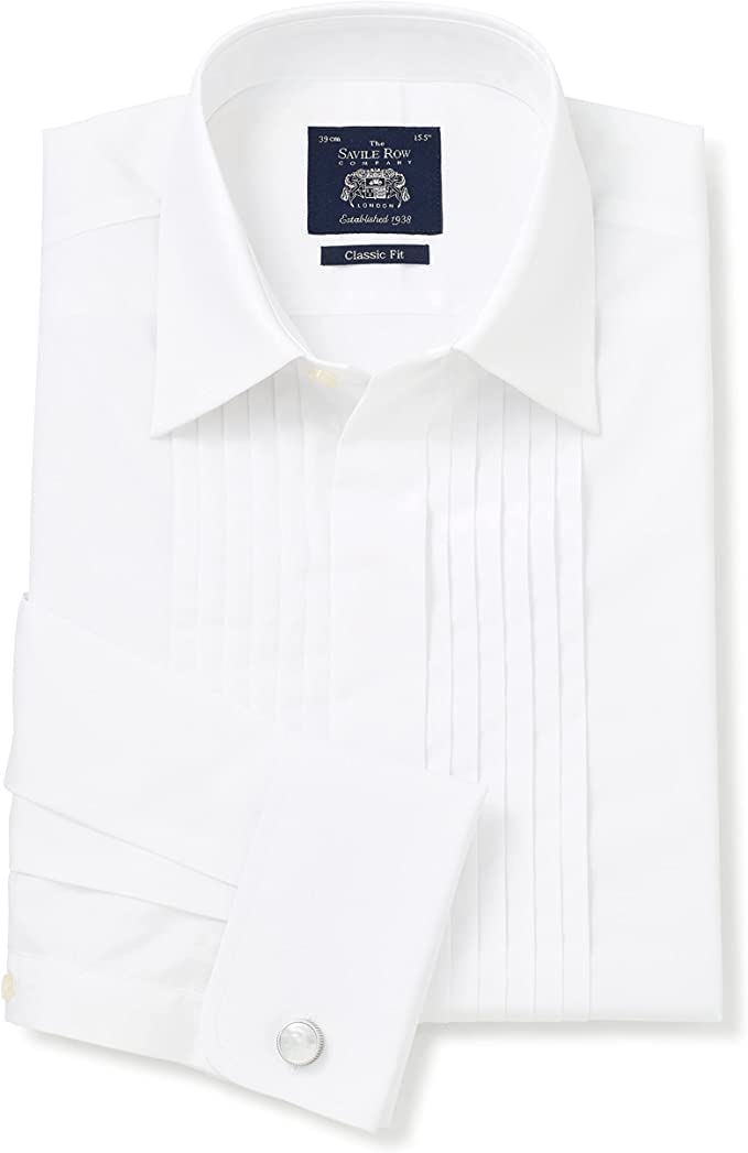 The Savile Row Company London Camicia da sera bianca da uomo, vestibilità classica, plissettata, con doppio polsino