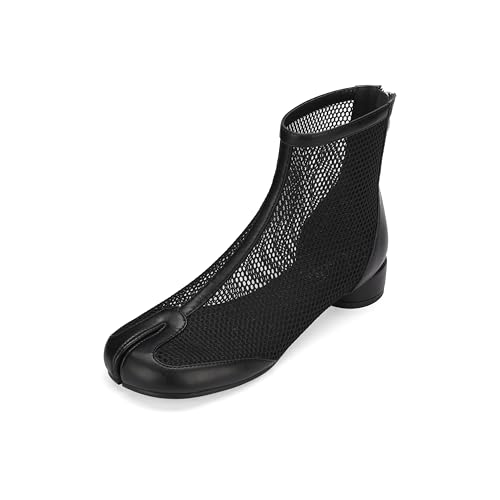 Image of Split Toe Ankle Boots for Women Tabi Japanese Ninja Shoes Low Chunky Heels Booties, Stretch Artificial Leather Boots Back Zipper