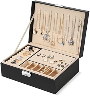 Hossejoy Jewellery Box Organiser, 2-Layer Lockable Jewellery Case Holder, PU Leather Jewellery Storage Display with Necklace Hangers Removable Dividers, for Necklace Earrings Rings Bracelets, Black