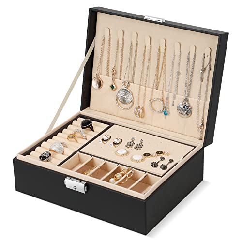 Hossejoy Boîte à Bijoux Organisateur 2 Couches Verrouillable Boîte à Bijoux en Cuir PU Présentoir à Bijoux avec Cintres Séparateurs Amovibles pour Collier, Boucles d'oreilles, Bagues, Bracelets - Noir Cover