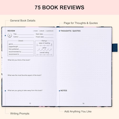 Comkiso Reading Journal for Book Lovers - 75 Book Journal Reading Log for Book Tracking, A5 Linen Book Review Journal with TBR Tracker List, Ratings, Challenges, Prompts, and Index - Peony - Image 4