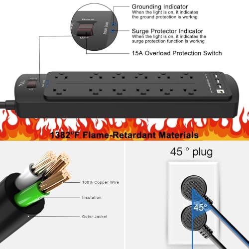 Image of Power Strip, Nuetsa Surge Protector with 12 Outlets and 4 USB Ports, 10 Feet Flat Plug Extension Cord for Home, Office, Dorm Essentials, 2700 Joules, ETL Listed, Black