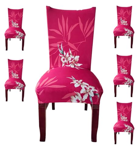 Image of Styleys Chair Covers for Dining Room, Stretch Dining Chair Cover, Washable Spandex Kitchen Chair Slipcovers (Set of 6, Red White Lilly, SD3223)