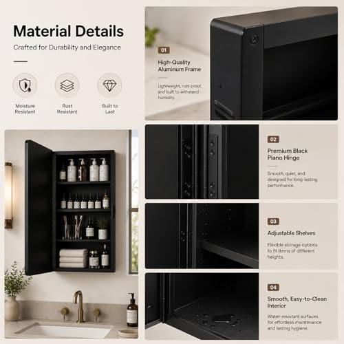 Image of 16x24 Medicine Cabinet with Mirror, Black Metal, Recessed or Surface Mount