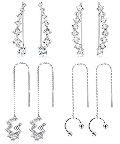 Jstyle 4Pairs Ear Cuffs Earrings Hoop Climber Crawler Earrings for Women Girls Wave Tassel Threader Chain Earring Wrap Cartilage Piercing Earrings Set