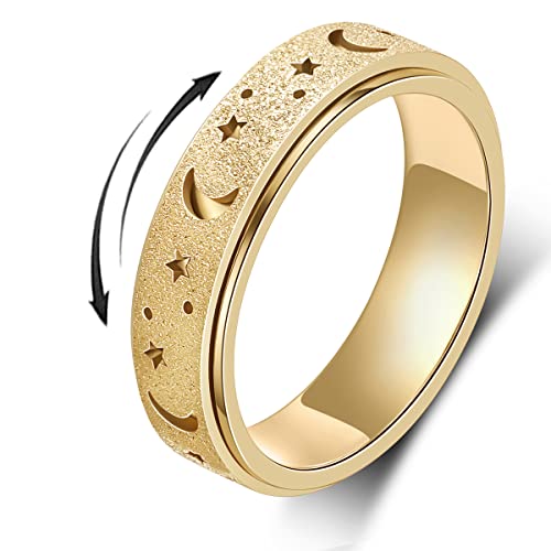 AmorArtSky Ring for Women and Men: Titanium Stainless Steel Spinner Ring 5 Colors Size 8 Fidget Ring Moon Star Hollow Outer-Gold