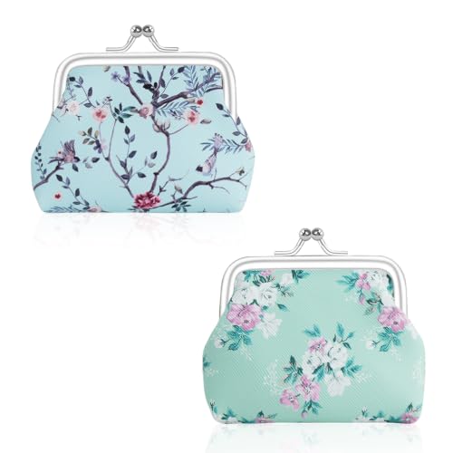 Image of FuninCrea 2 Pcs Faux Leather Coin Purse for Women with Kiss Lock, Floral Pattern Change and Coin Wallet Double Clasp Closure Mini Wallet for Cash Key (Blue+Green)