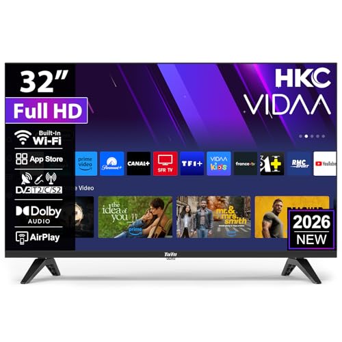 HKC Smart TV 32 Pouces (80 cm) FHD, sans Bord Connectée Télévision avec WiFi, Bluetooth, App Store, Triple Tuner(DVB-T/T2, DVB-C, DVB-S/S2), AirPlay (H32N1F-V, 2026)