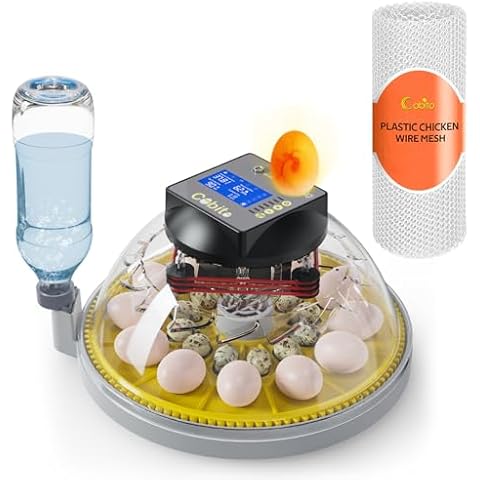 Cobito Egg Incubator for Hatching Eggs with Automatic Egg Turning and Humidity Control, Build-in Egg Candler, Precise Control Panel, Support 12-24 Eggs (Yellow with Plastic Chicken Net) Cover