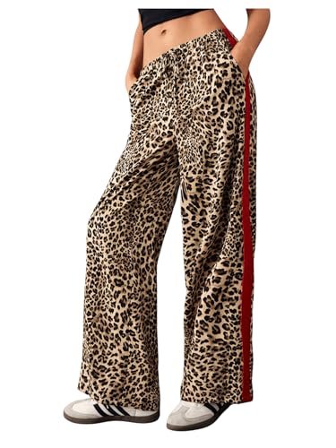 MakeMeChic Women's Women's Leopard Pants Side Stripe Cheetah Print Sweatpants Y2K Elastic Waist Straight Leg Pants