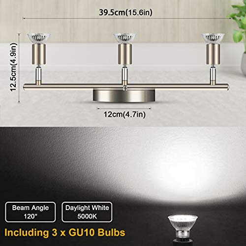 Ascher 3-Light Led Track Lighting Kit, Flexibly Rotatable Light Heads, 3 Way Ceiling Spotlight Matt Nickel Finish, Including 3 Gu10 Led Bulbs (4W 400Lm Daylight White 5000K) #TOP2
