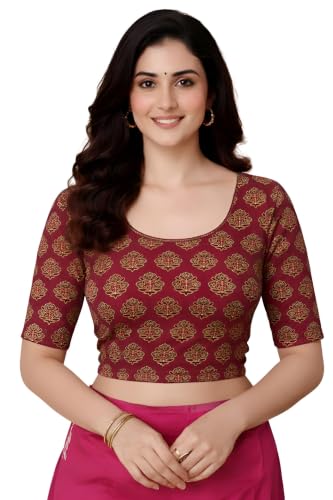 Image of Amazon Brand - Anarva Women's Kalamkari Print Cotton Stretchable Round Neck Readymade Saree Blouse
