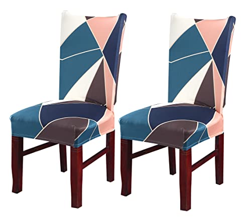 Image of House of Quirk Elastic Chair Cover Stretch Removable Washable Short Dining Chair Cover Protector Seat Slipcover (Pack of 2, Green Peach Prism)