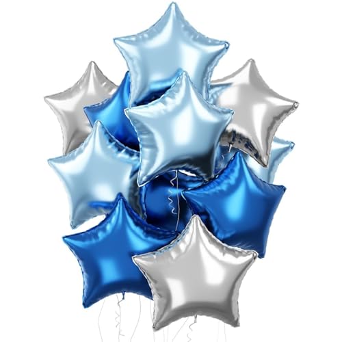 CIFZEX - 18Pcs Blue Silver Foil Star Balloons, 18 Inch Royal Blue Silver Star Foil Balloons for Helium, Light Blue Silver Pentagram Balloons Party Decoration for Birthday Graduation Baby Shower