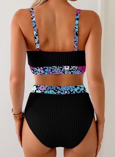 Image of Herseas Women's Textured Bikini Sets Floral Print Trim Scoop Neck Swimsuits High Waisted Bathing Suits