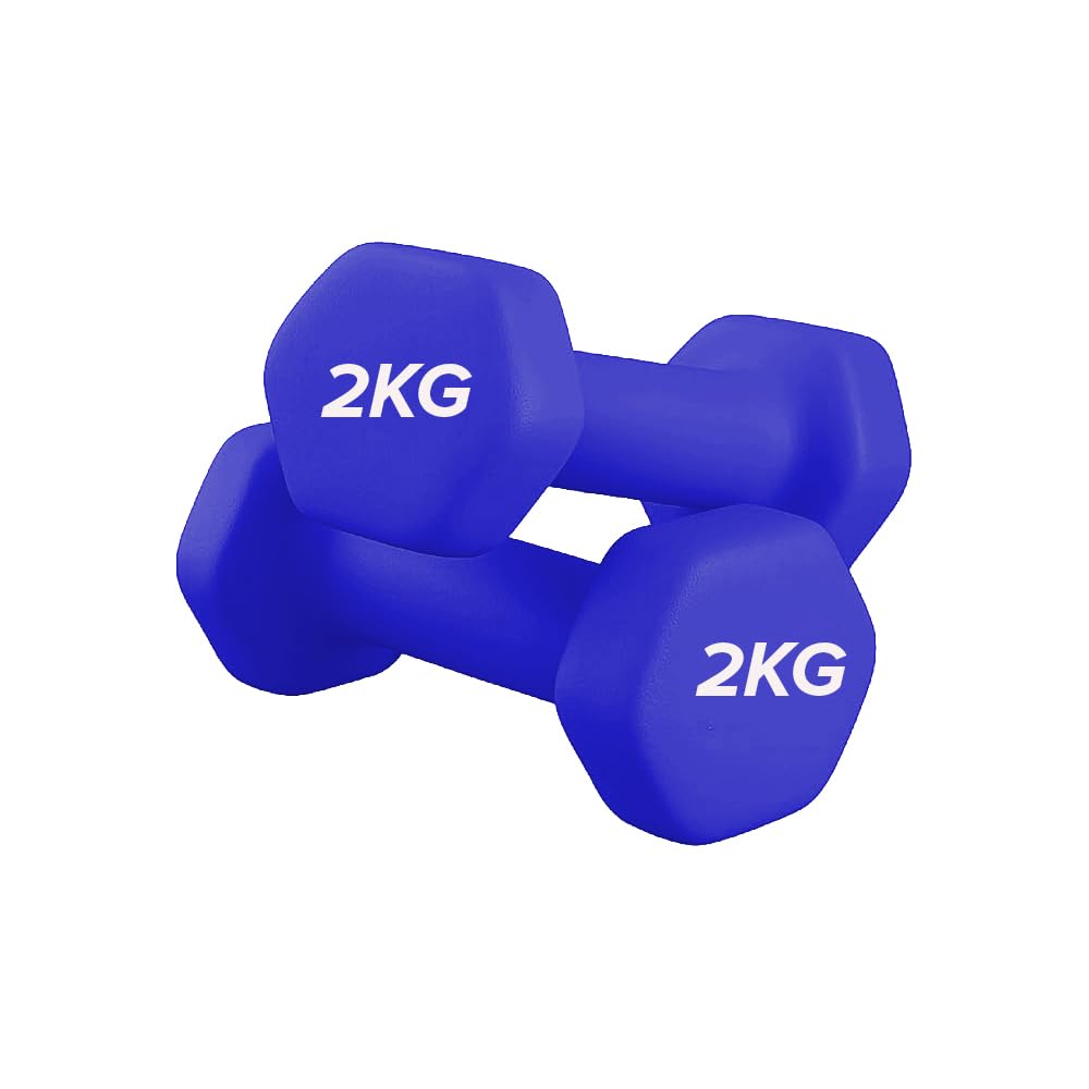Neoprene Dumbbells Pair for Women Home Gym, Hex No-Roll Design, Non-Slip Grip, Colour Coded Weights Set, 0.5kg to 10kg (2kg-Pair-Purple)