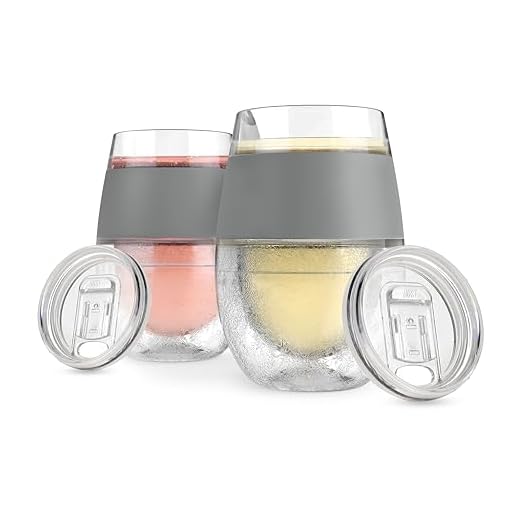 HOST Cooling Cup, Set of 2 Double Wall Insulated Freezable Drink Chilling Tumbler with Freezing Gel, Glasses for Red and White Wine, 8.5 oz, Grey with Lid