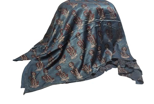 Image of Ethnics of Kutch Women's Ajrakh Mashru Silk Natural Dye Hand Block Print Unstitched Kurta Fabric Mtr Length (3 Mtrs - Indigo 07C02A)