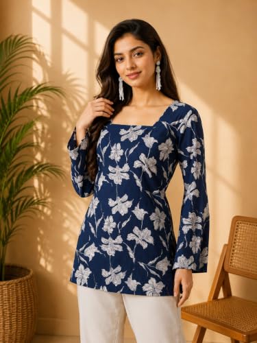 Image of Rayon Floral Print Short Kurti for Women | Square Neck Long Sleeve Top for Women | Criss Cross Back Desing Kurti | Soft Breathable Fabric | Relaxed Fit | Casual and Office Wear
