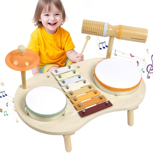 Vicloon Kinder Trommel Set, Holzspielzeug Baby Schlagzeug Kinder Trommel Xylophon Percussion Instrumente, Musikinstrumente Baby Montessori Spielzeug für Ostern Weihnacht Geschenk ab 3 Jahre
