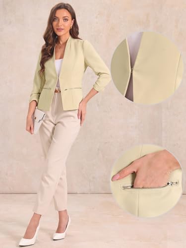 Allegra K Open Front Blazer for Women's 3/4 Ruched Sleeve Suit Jacket Work Office Casual Blazers with Zipper Pockets2