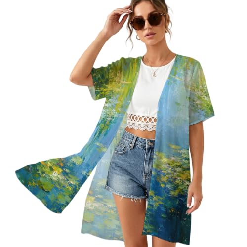Lily Pond Women's Swimwear Cover Ups, Summer Green Weeping Willow Lily Pads Oil Painting Style Bathing Suit Cover Up