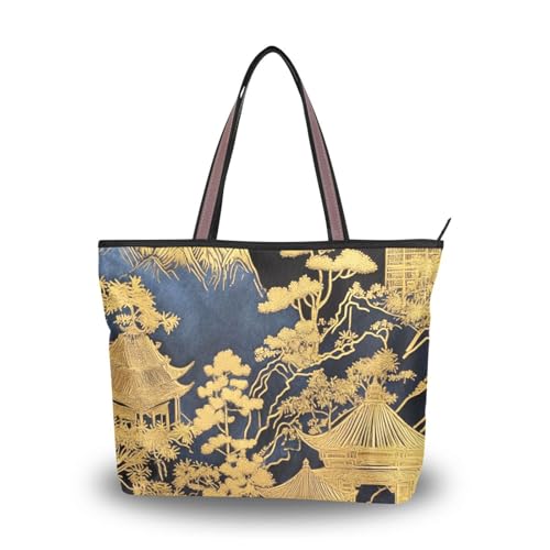 silk fabric zippered work tote bags trendy handbags for women for Prom Engagement Cocktail Party Wedding (Black Gold Chinese Landscape) L
