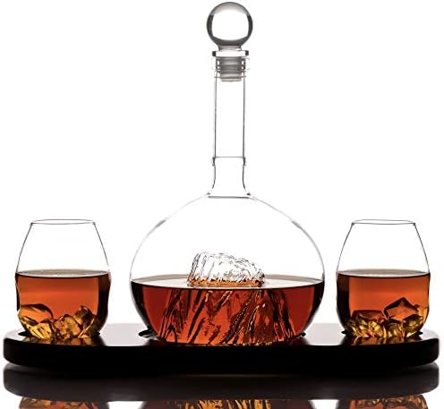 Whiskey Decanter Set with 2 Glasses and Wooden Base - Unusual Mountain Whiskey Decanter Sets for Men and Women - Liquor Decanter Set for Wine, Liquor, Scotch, Vodka, Bourbon - Whiskey Gifts for Men
