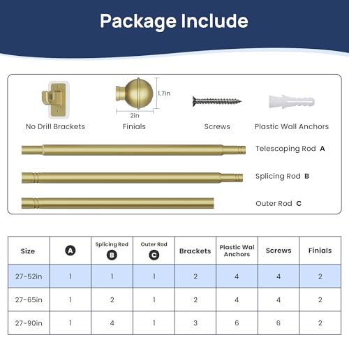 ENJOYBASICS No Drill Curtain Rods for Window 28 to 47 Inches, 5/8 Inch Diameter Renter Friendly Drapery Rod with Adhesive Brackets without Drilling, Adjustable from 27 to 52 Inches, Gold - Thumbnail 7