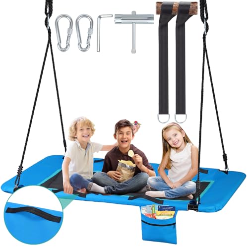 800lb Large 60" Platform Tree Swing for Kids Adults with Pocket | Anti-Sagging Outdoor Rectangle Swings with Handles | 900D Wear Resistant Big Flat Swings for Swing Set with Hanging Straps