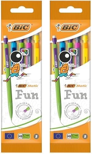 Bic Matic Fun, HB Mechanical Pencils and Eraser, Assorted Barrel Colours with Fine,Yellow,Blue,Green,White,Pink,Point (0.7mm), Pack of 10,Yellow,Blue,Green,White,Pink