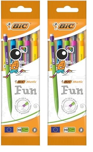 Matic Fun, HB Mechanical Pencils and Eraser, Assorted Barrel Colours with Fine,Yellow,Blue,Green,White,Pink,Point (0.7mm), Pack of 10,Yellow,Blue,Green,White,Pink