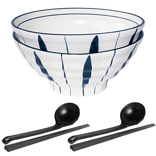 AQUIVER 34oz Ceramic Ramen Bowl Set - 2 Modern Porcelain Japanese Noodle Soup Bowls with 2 Spoons and 2 Pairs of Chopsticks for Pho, Udon, Soba, Soup, Noodle