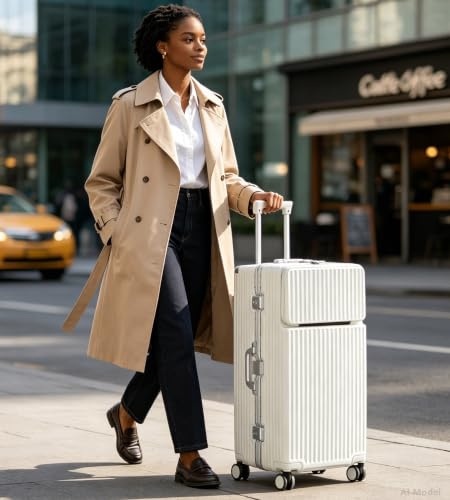 Image of feilario Super Large Aluminum Frame Zipperless Checked Luggage Front Pocket | Front compartment, PC shell and cup /phone holder keep 126L packing reachable for long trips, family travel and dorm moves