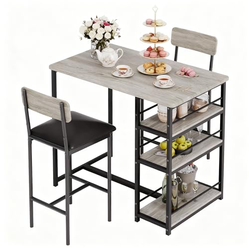 Garvee Mesa de Bar con 2 Sillas Acolchadas, Mesa de Cocina, Juego de 3 Piezas de Barra de Altura de Mostrador con 3 Estantes de Almacenamiento para Espacios Pequeños, Apartamento (Gris)