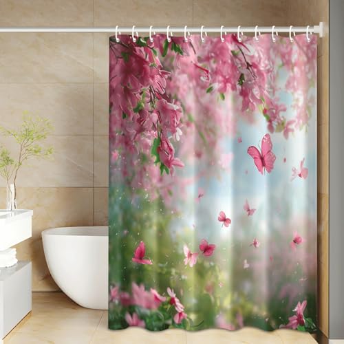 Rideau douche vert rose en polyester lavable 180x200cm pour baignoire - 3