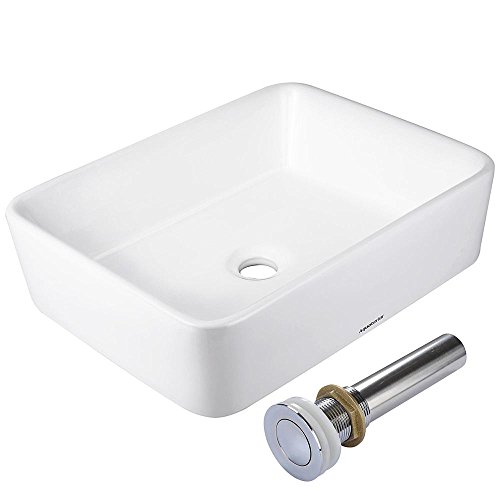 Aquaterior Rectangle White Porcelain Ceramic Bathroom Vessel Sink Bowl Basin with Chrome Drain 19-2/7\"x15\"x5-1/8\"