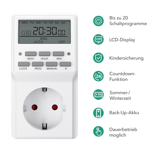 HBN Digitale Zeitschaltuhr Timer Steckdose mit 20 Schaltprogramme Wochenzeitschaltuhr für Innen, Countdown, Zufallsfunktion, Sommerzeitschaltung, 16A / 3680W