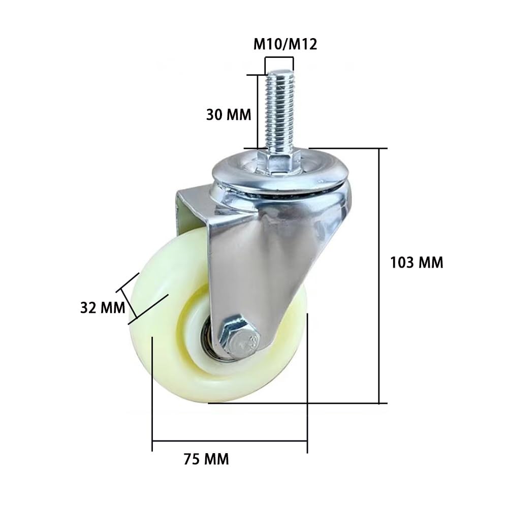Silenziose Stelo Filettato Ruote M10/M12, Ruote Piroettanti Set da 4 con Freni, 3 Pollice Ruote in Nylon per Carrelli, Banchi da Lavoro(Swivel,M12x30)