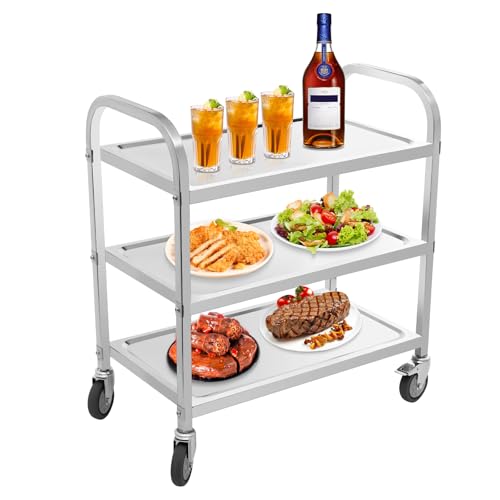 LUNICASHA Carro de servicio de acero inoxidable de 3 niveles, carrito de cocina con 4 ruedas, carrito de té para restaurante, hotel, escuela, cocina, capacidad de carga 20 kg